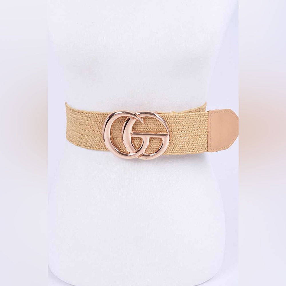 Gold Buckle Elastic Straw Statement Belt